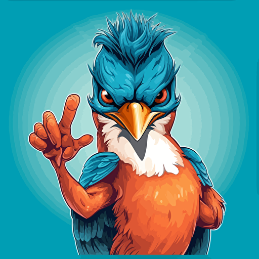 vector illustration of a human-like kingfisher with muscle arms who is pointing with the left arm to the camera, like a "we want you"-sign.