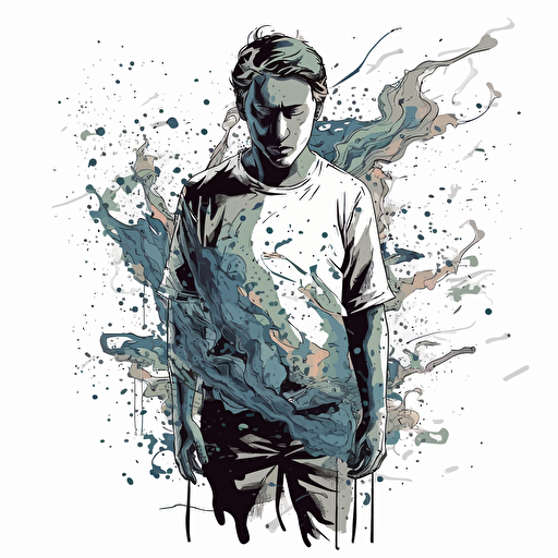 doodle art of a man self sabotage himself without background, flowing fabrics, simplistic vector art, subtle ink application, loose paint application