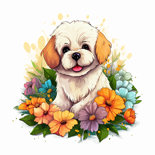 pet with flowers, detailed, cartoon style, 2d clipart vector, creative and imaginative, hd, white background