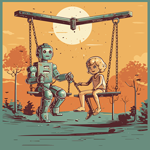 vector illustration, retro pop art, two children playing on a swing set with a robot on a playground