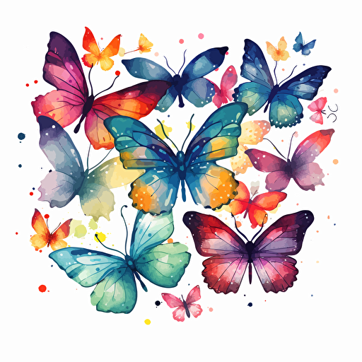 whimsical watercolor illustration of many multicolored butterflies, vector on white background