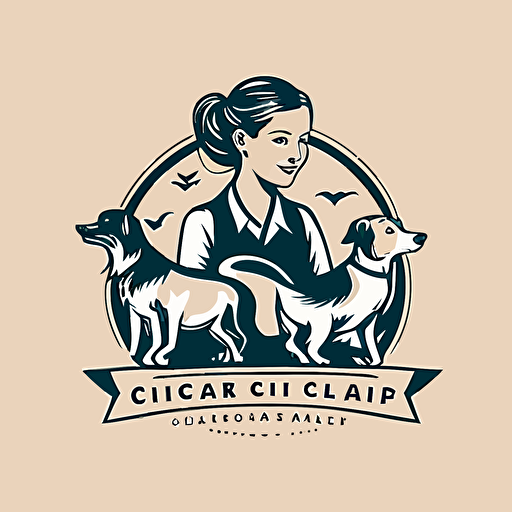 Clean pet care company logo, vector style, including the siluethe of a female veterinary with dogs running around her