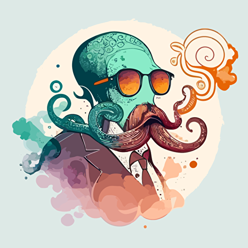 Octopus with a cool Moustache smoking, Chill, warm and cold colours, Digital Art, Contour, Vector, White background, minimal