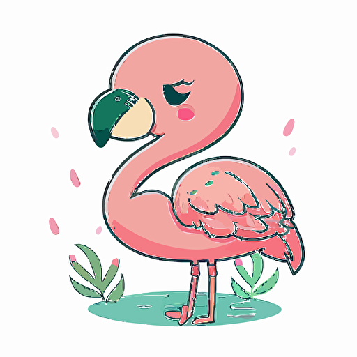 Vector cute kawaii flamingo, white background, pastel colors,winking,looking at the camera,thick legs ,clip art,no background