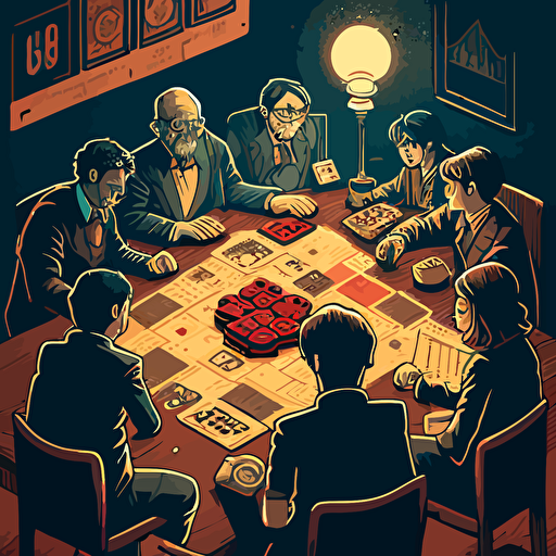 Influenced by the board game Monopoly, create a vector illustration of Satoshi Nakamoto and a group of people playing a cryptocurrency-themed board game, where the players compete to build decentralized empires. Set the scene during a friendly game night.