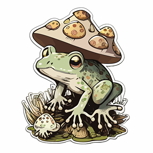 cute frog with toad stools, Sticker, Ecstatic, Muted Color, outsider art style, Contour, Vector, White Background, Detailed