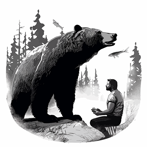 cartoon illustration, Grizzly bear eating a large chicken leg, black illustration on white, simple vector, black and white ::vector style