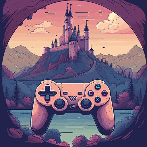 Flat vector art illustration | travel poster featuring | The Neuschwanstein Castle built with playstation, xbox, and pc | Pastel blues, purples, and pinks | Wide Angle | no text |