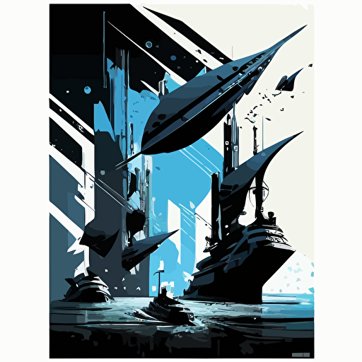 Small, futuristic vessels departing from the port, Blue Black and white, Vector and oil paint poster art,