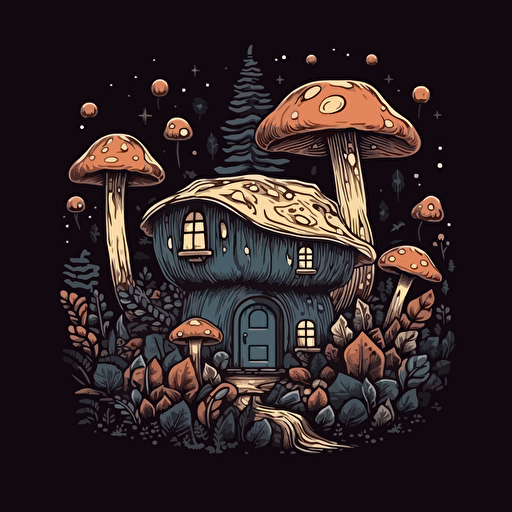 Cabin mushroom forest cottagecore vector design on black background