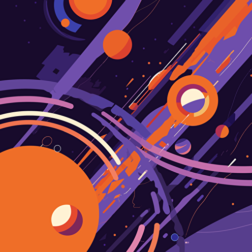 space station warping, planets, 2D, vector, flat art, fedex purple and orange