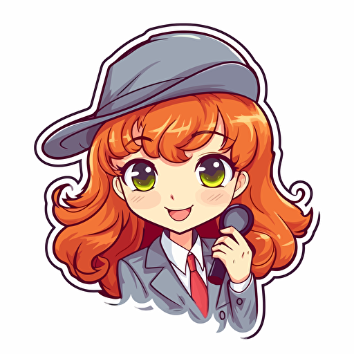 Sticker, Happy Colorful female Sherlock Holmes with long red hair, kawaii, contour, vector, white background