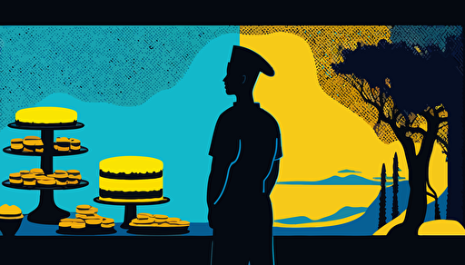 flat modern style illustration, half body silhouette of a baker, inside of silhouette of baker positive calm nature view with blue and yellow and green colors, calm on background, 2d vector