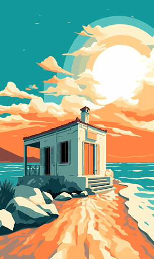 greek building on the beach, sky, blue and orange, simple vector style