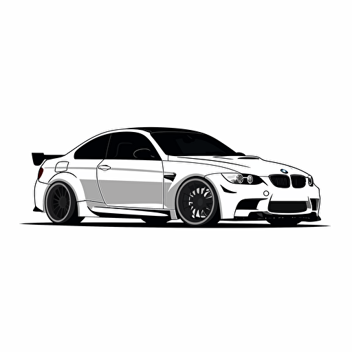 Black and white Flat vector 2D, a 2010 BMW coupe, lowered suspension, black and white, vector logo design logo