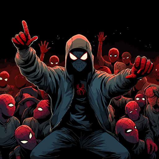 spiderman in a rap battle. Vector image. Drawing. Black background. Villains in the crowd. Wide angle.