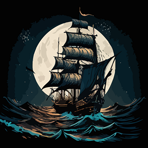 sloop at night in rough seas with a huge moon, vector style