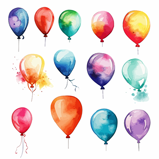 set of balloons, detailed, cartoon style, 2d watercolor clipart vector, creative and imaginative, hd, white background