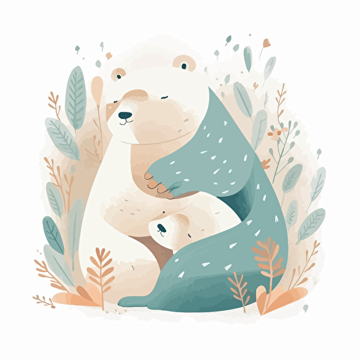 cute, white back ground, vector, children storybook illustration, mama bear hugging her cub