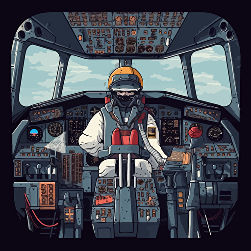 a cockpit of a Boeing 747 with a old-school tin robot sitting in the captain chair and steering the airplane. Vector style