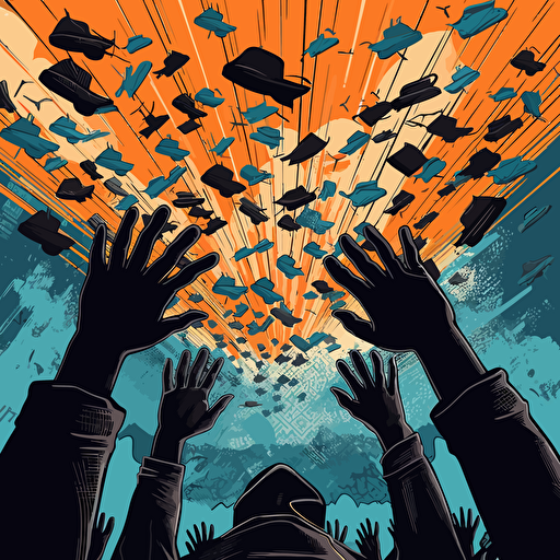 a vector image of black hands tossing graduation caps into the sky, blue and orange and dark gray, graffiti style