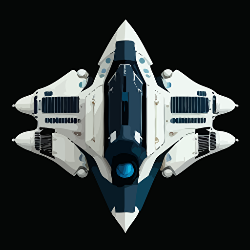 Blue and white space ship on black background, top-down view, clean, simple, no shadows, vector
