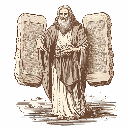 Moses holding the two stone tablets with the Biblical Ten Commandments etched onto them, STICKER, solemn mood, earthen colors, in a manuscript style, CONTOUR, VECTOR, WHITE BACKGROUND, high detail,