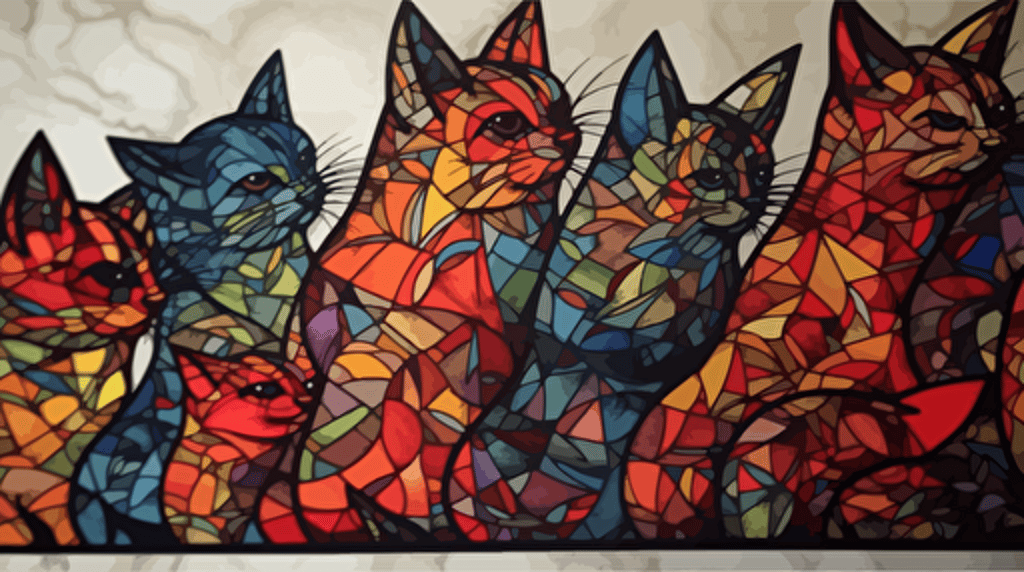 stained glass collage, cats, vector, minimal, black copic marker pen