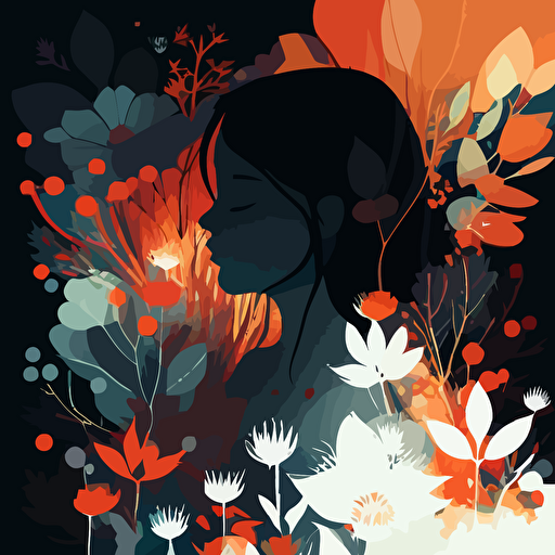 girl, Surrounded by flowers., Tyndall light effect, Absurd, Vector, A clean background, Gradient color, Modern minimalist illustration