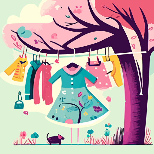 vector,bright colourful, pastel colours, children's book illustration, hanging clothes at spring