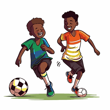 Vector illustration of handsome, happy 9 years old black boy and 9 years old white boy playing soccer in vivid colors with white background