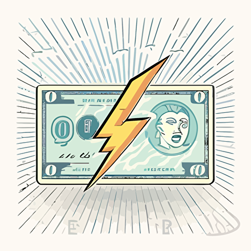 vector illustration of a dollar bill and lightning. The dollar is moving quick. White background, 2D, cartoon, icon, modern