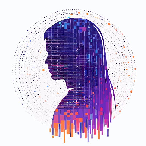 A modern and minimalist circle logo designed of a person side face, pixel art, matrix code, flat vector logo, blue purple orange gradient, simple minimal, style of japanese book cover