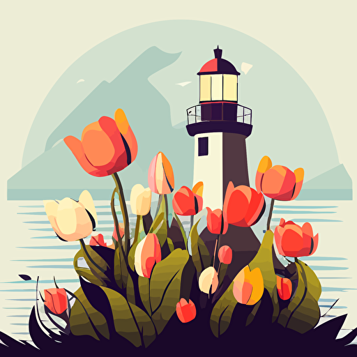 Flat vector of Tulip flowers and light house, minimalist — v 5