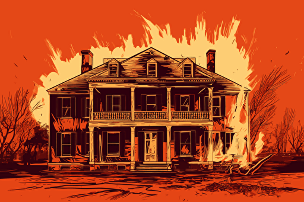 louisiana colonial house engulfed in flames, front view, vector, gritty, detailed, red background,