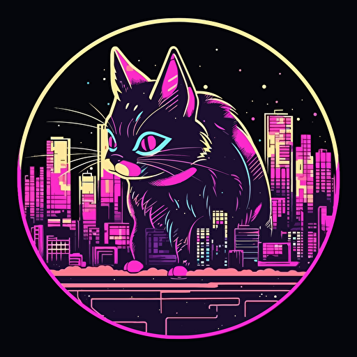 cyber neon anime style cat city street, inspired by blade runner, vectors. Design in circle with transparent backround