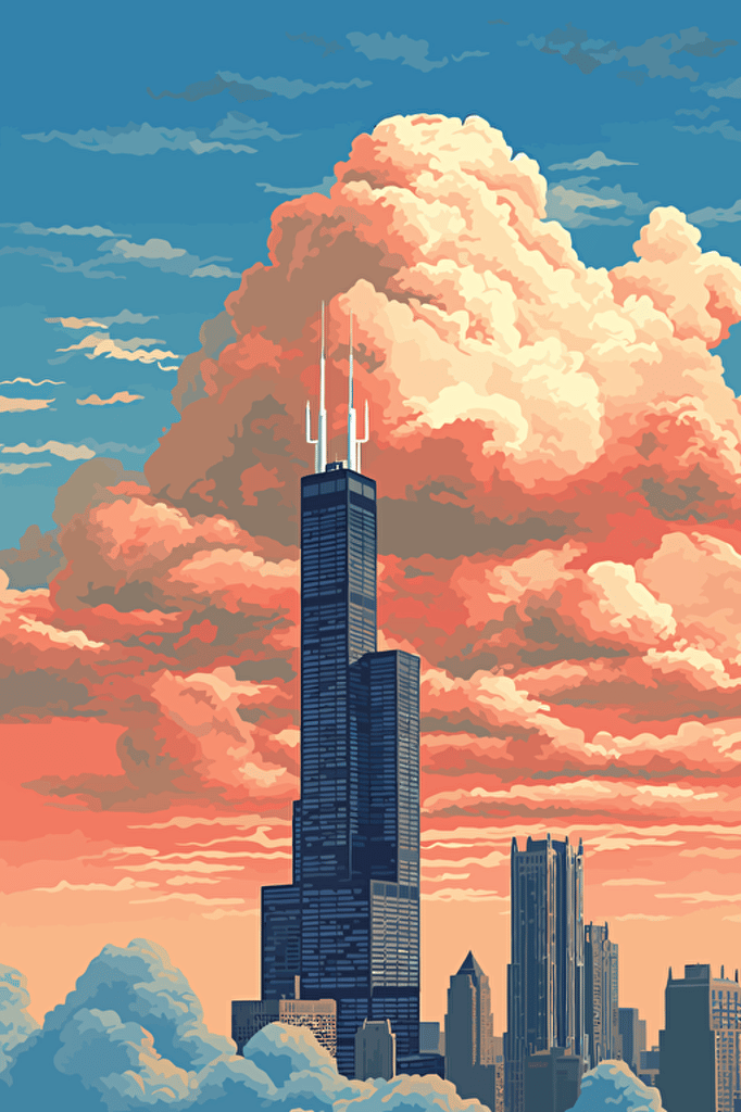 vector art, sears tower, clouds,