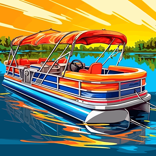 detailed vector illustration of a big pontoon boat with vibrant colors on a lake
