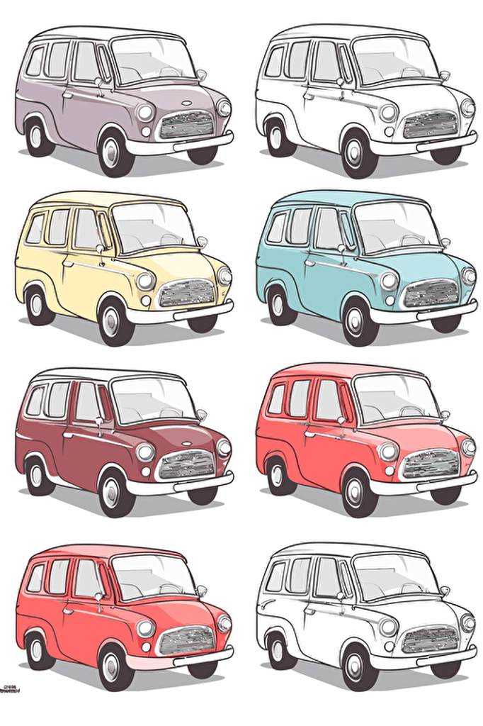 colouring book for kids, different cars separated by space, cartoon style, vector, little detail, no shadow, black and white, white background