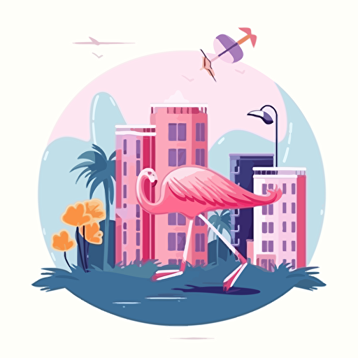 vector simple illustration cute pink flamingo traveling with suitcase palm buildings water cartoon