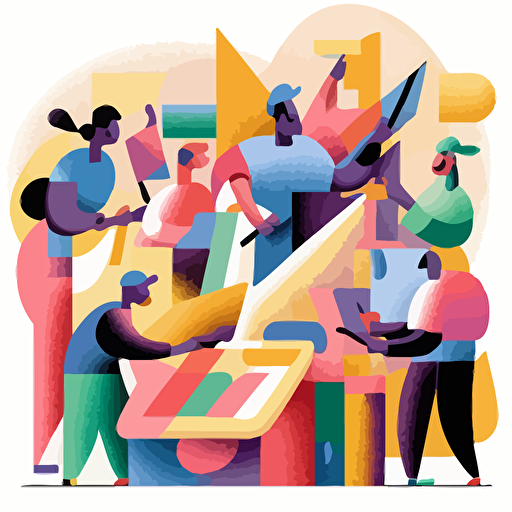 a group of people in their fifties working on a community project, smiling, pastel colours, abstract vector illustration style