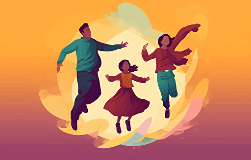 person illustration vector children, a girl, an adult and an older boy jumping, in the style of light indigo and maroon, princesscore, colorful animation stills, 1970–present, oversized objects, musical influences, subtle humor