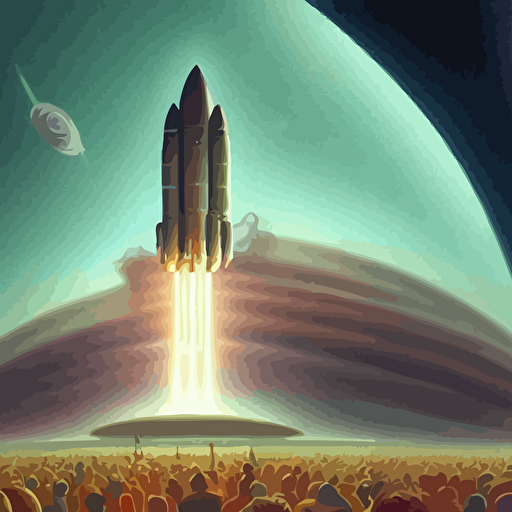 hyper detailed 3d render like oil painting crowds gather spaceport beautiful faraway planet watch rocket blast large gas giant dramatic nebula filled alien sky retrofuturistic science fiction vibe jacek yerka mariusz lewandowski houdini algorithmic generative render abstract brush strokes masterpiece edward hopper james gilleard zdzislaw beksinski mark ryden wolfgang lettl hints yayoi kasuma octane render 8k