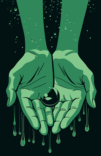 green rainwater in hands vector, in the style of dark green and white background, massurrealism, drugcore, flat, 2d game art, anti-gloss