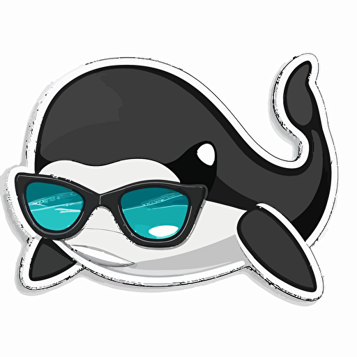 sticker, Orca with sunglasses, kawaii, contour, vector, white background