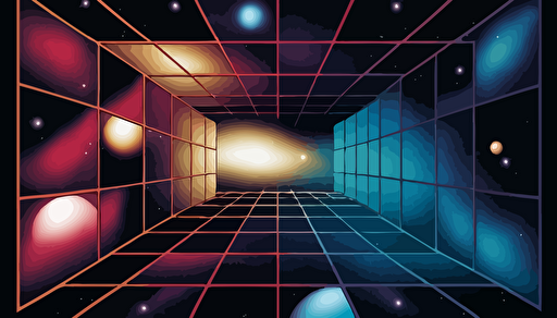 2D Vector, 1950s poster, liminal space backdrop with border, mostly empty, cosmic stars space galaxy, rule of thirds, high definition, soft gradients