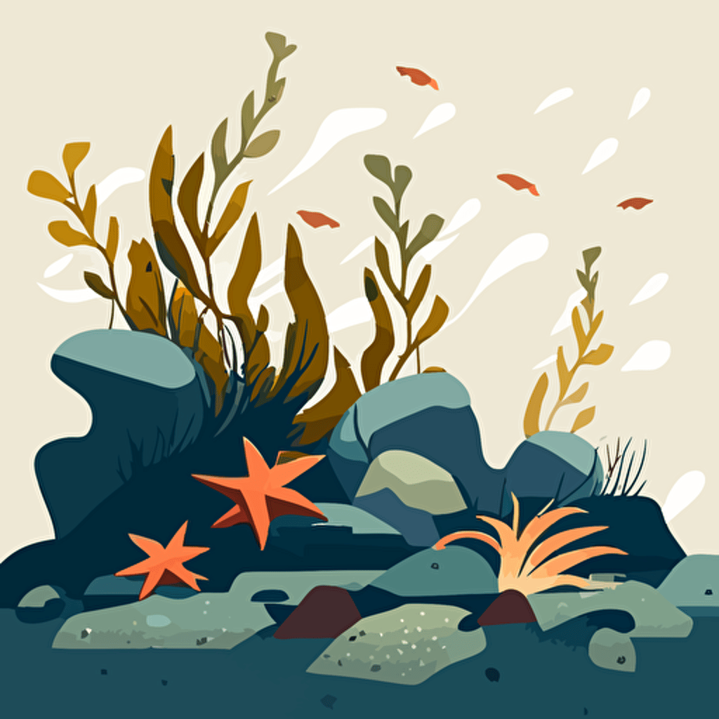 west coast, sea stars on rocks, kelp, minimalist design, fun vibe, vector, 2d, flat