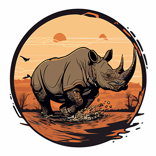 a stylize circle logo of a bulletproof rhino crossing a river. 2d vector art.