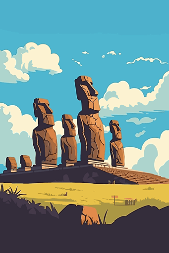 long distance view of Easter island, blue sky, vector design, minimalist, flat
