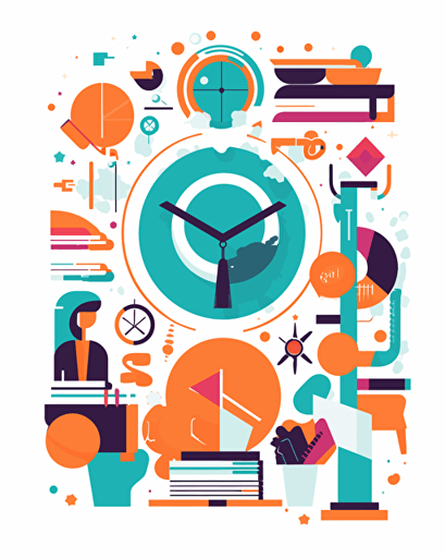 flat modern vector image of learning english, complemenatry colours, bright orange and purple and teal, high resolution, white background, rounded edges, detailed